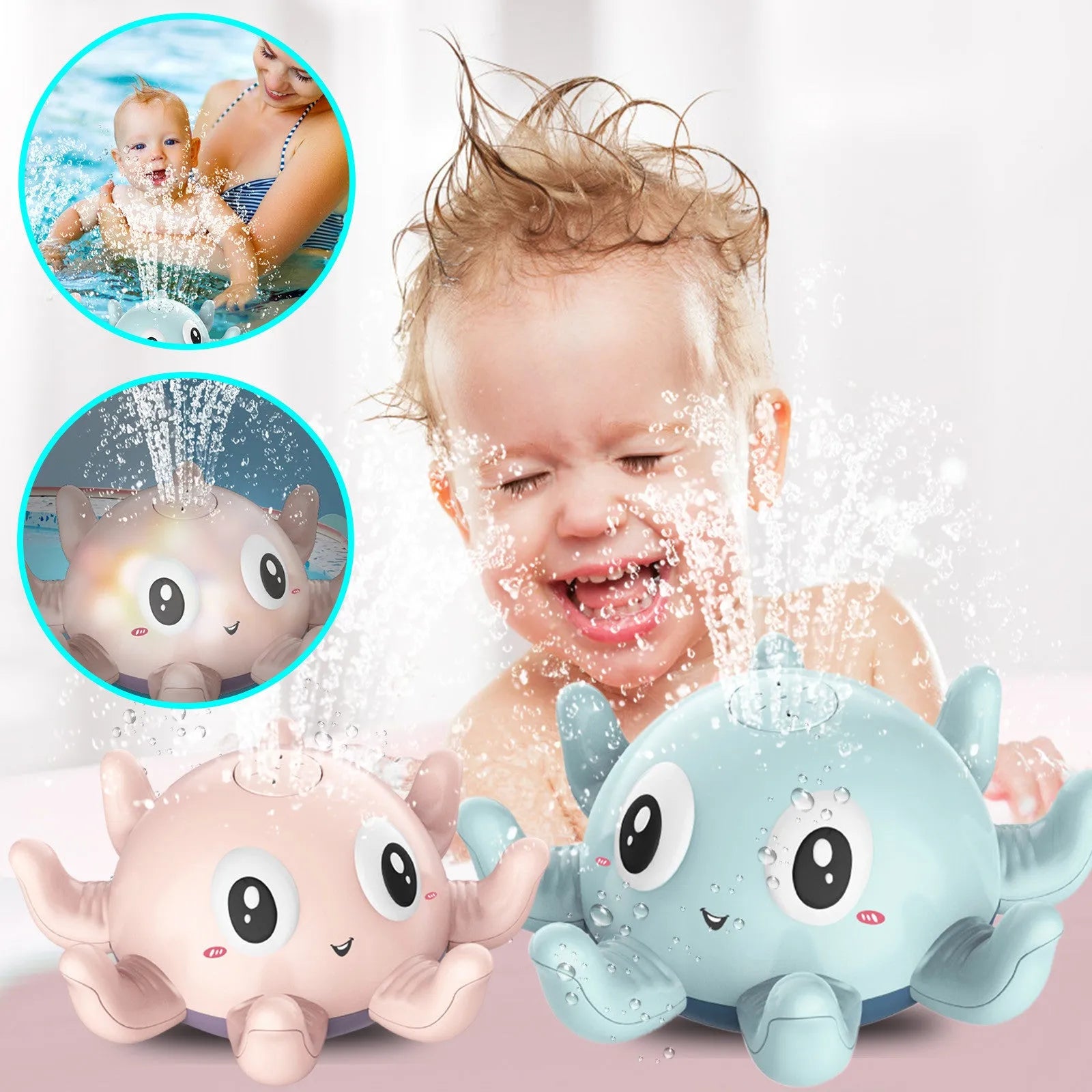 Blue or pink automatic spraying octopus bath toy with flashing lights for children's bathtub and pool play.