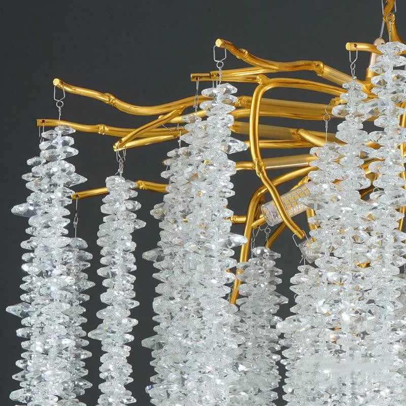 Luxury-style aluminium alloy crystal chandelier with LED lights and adjustable suspension.