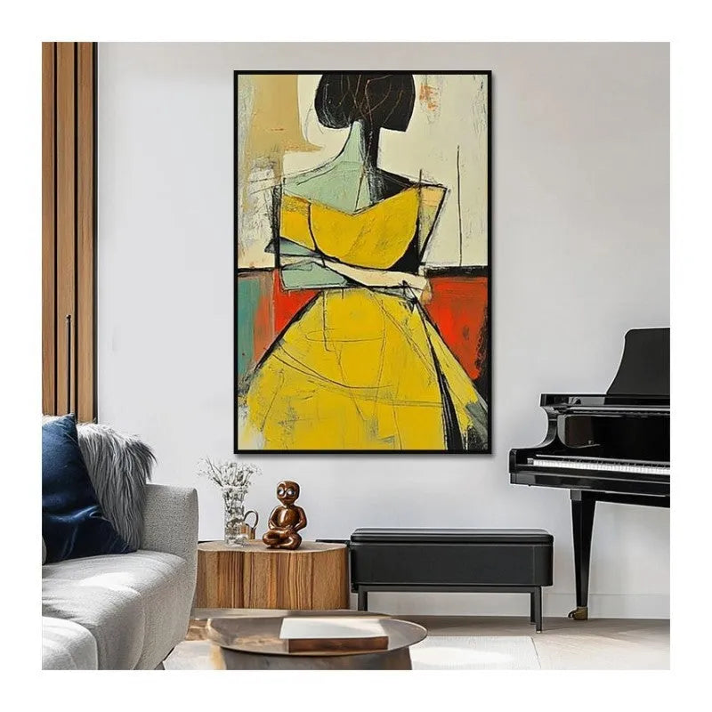 Hand-painted abstract oil painting of people in brown and yellow with vertical canvas and wabi sabi texture