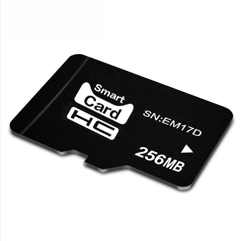 Close-up of a 256MB TF memory card with integrated mini speaker, showing its compact 11x15x1mm dimensions.