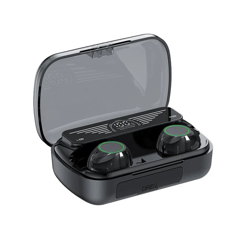 Black wireless TWS Bluetooth sports headset with touch-sensitive earpieces.