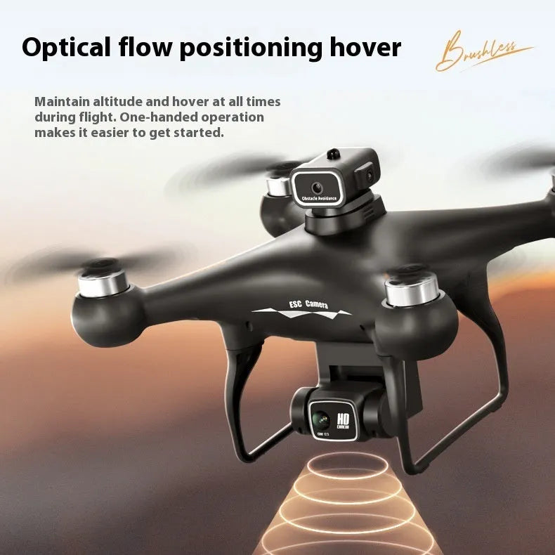 Black HD brushless motor UAV quadcopter with four-side obstacle avoidance sensors and mounted HD camera.