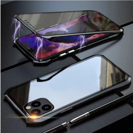 Metal back protective cover for iPhone 11 in black, red, blue, and silver colour options.