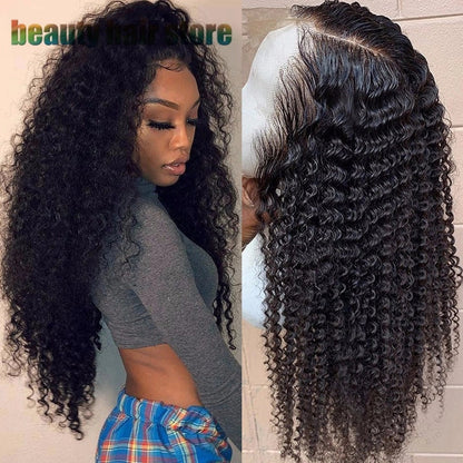 Brazilian Kinky Curly Lace Front Wig in natural color, showcasing voluminous curls and a natural hairline.