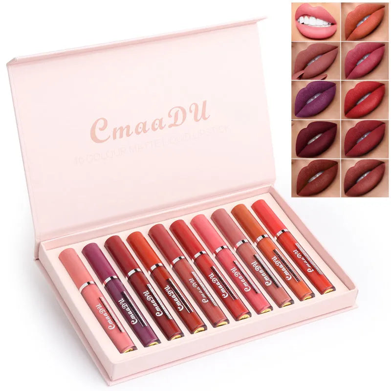 Women's non-stick waterproof matte lipstick 10 sticks Photo Color shade 3g each compact packaging