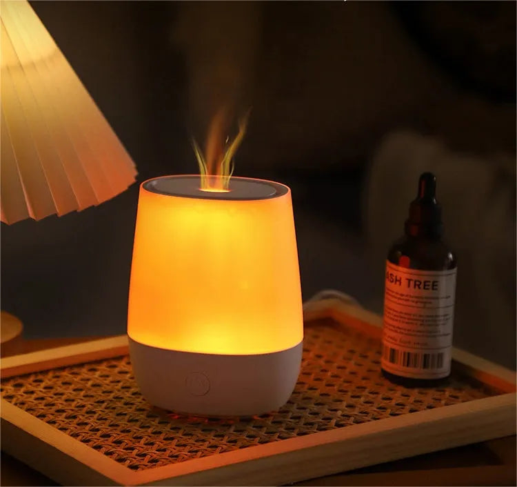 White USB flame effect humidifier aromatherapy diffuser with Type-C cable on desktop