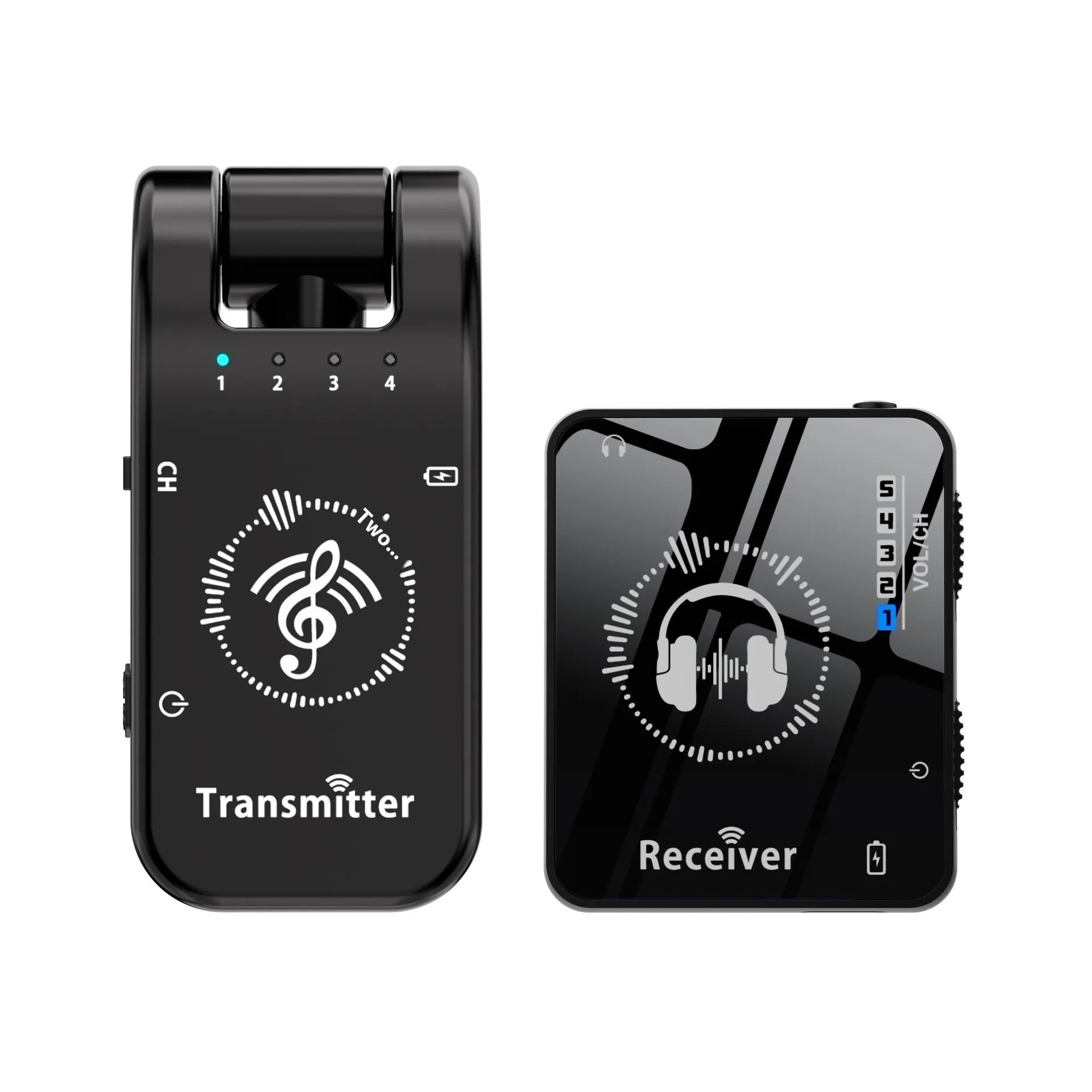 Black ABS earphone monitor transceiver system with transmitter and receiver for musical instruments