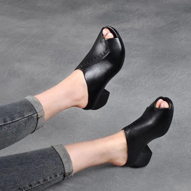 Women's black square heel peep-toe slipper sandals with a fish mouth opening and rubber sole.