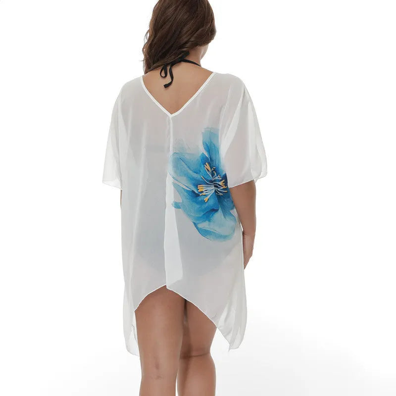 White plus size beach cover-up blouse for women made from polyester blend fabric