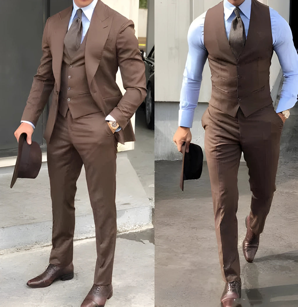 Men's cotton three-piece suit in light business style available in multiple colours including yellow and wine red