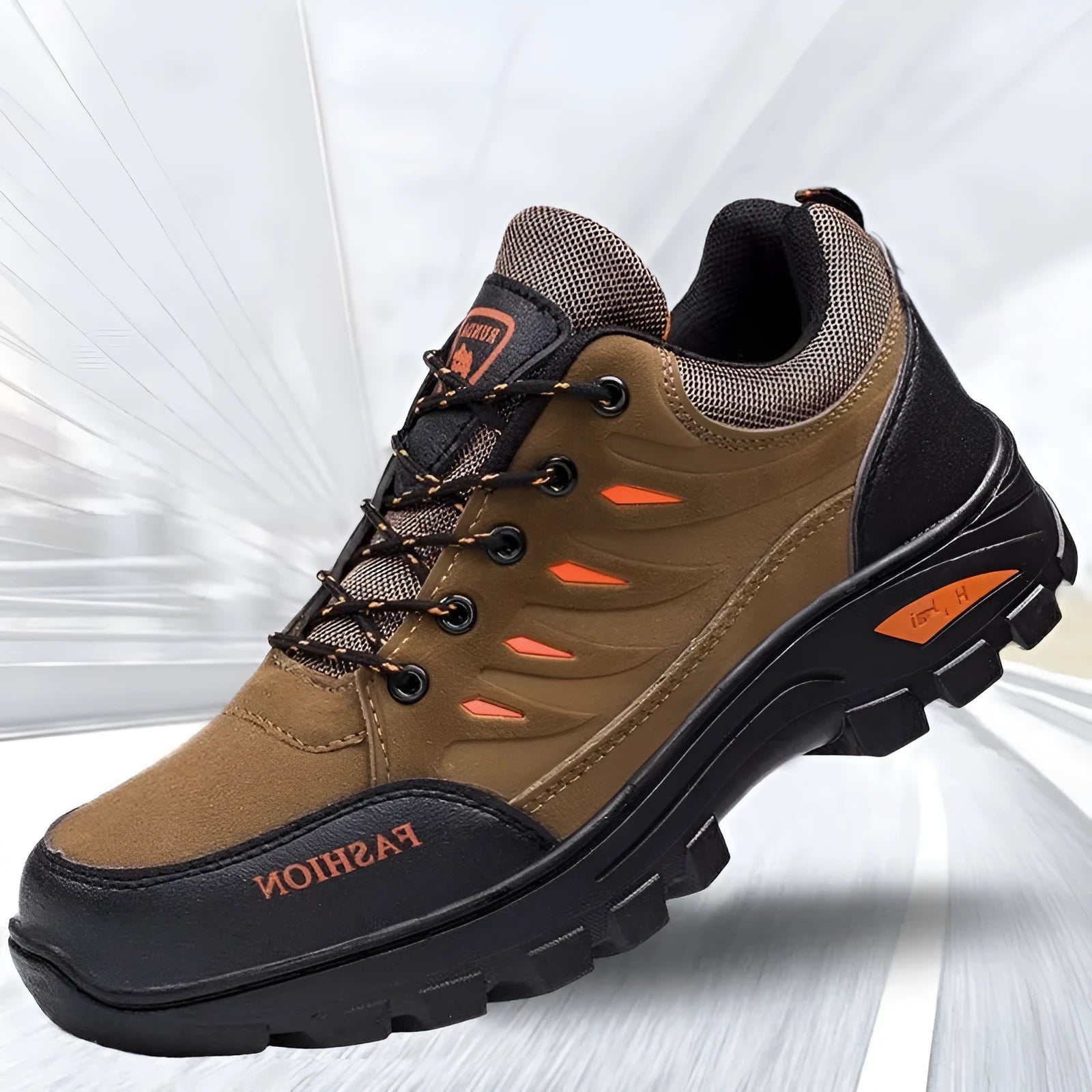 Men's brown suede hiking shoes with rubber sole and lace-up closure, showing round toe and mid-top design