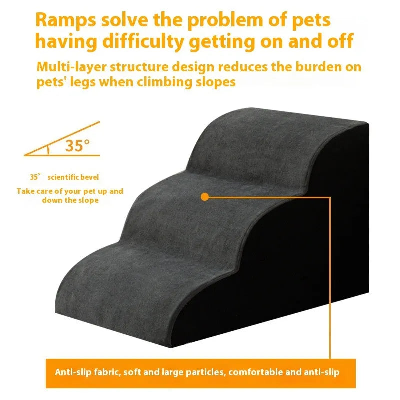Brown wooden dog stairs with washable fabric cover next to a sofa