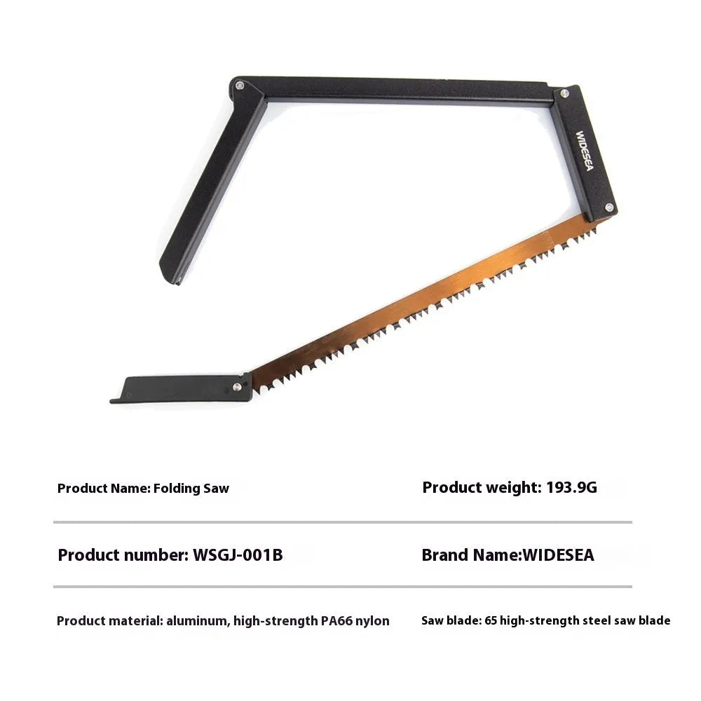 Black outdoor foldable saw with aluminium and nylon handle shown in open cutting position