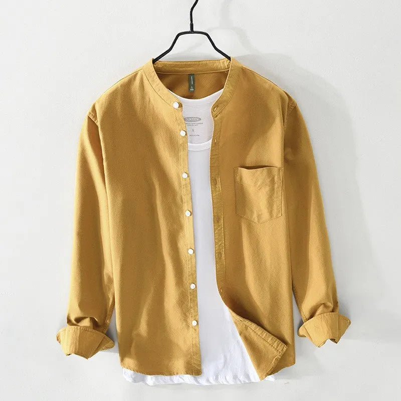Men's linen stand collar casual shirt in solid colour, long sleeves, loose fit, available in six colours and sizes M to XXXL