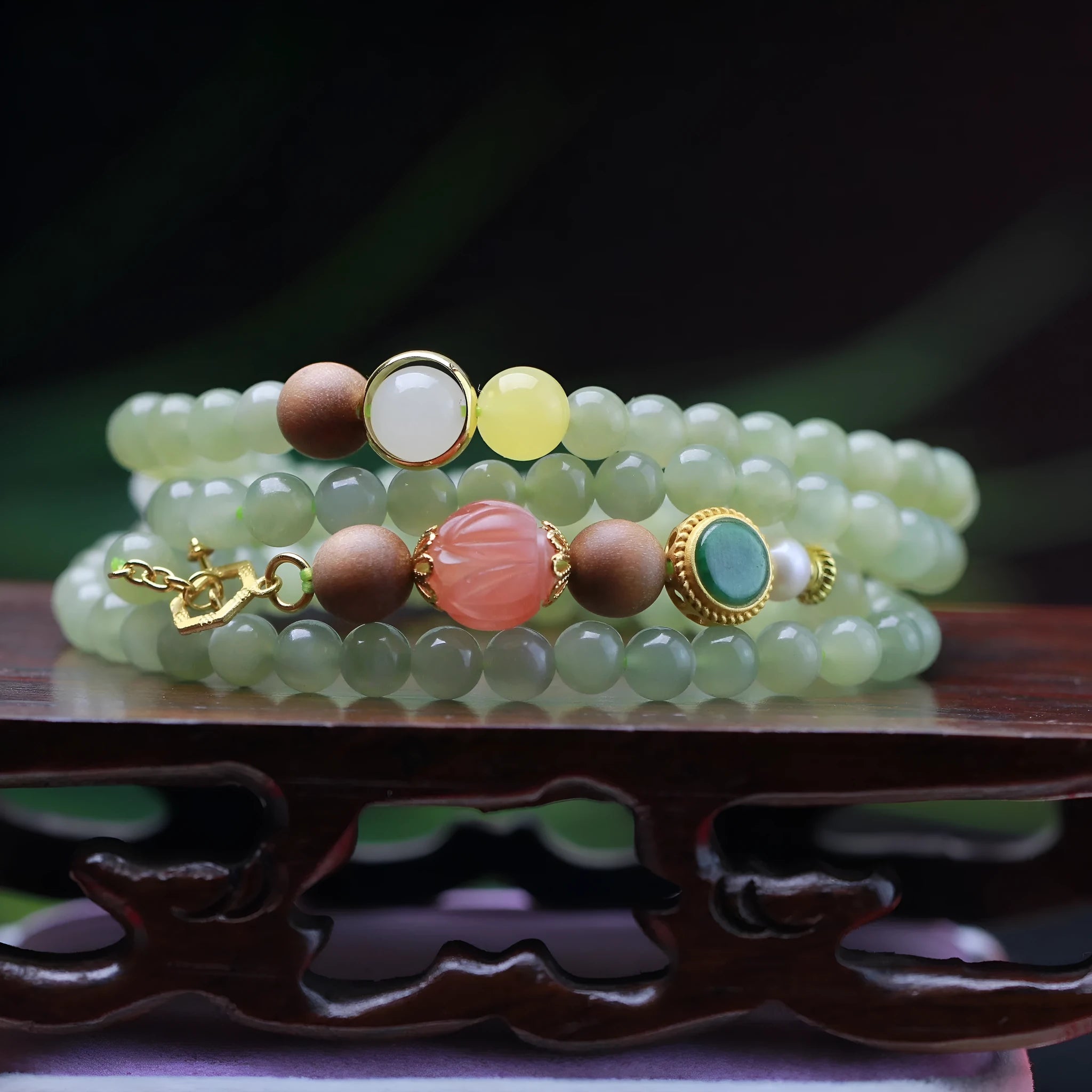 Hetian jade and red lotus bead necklace with matching bracelet set