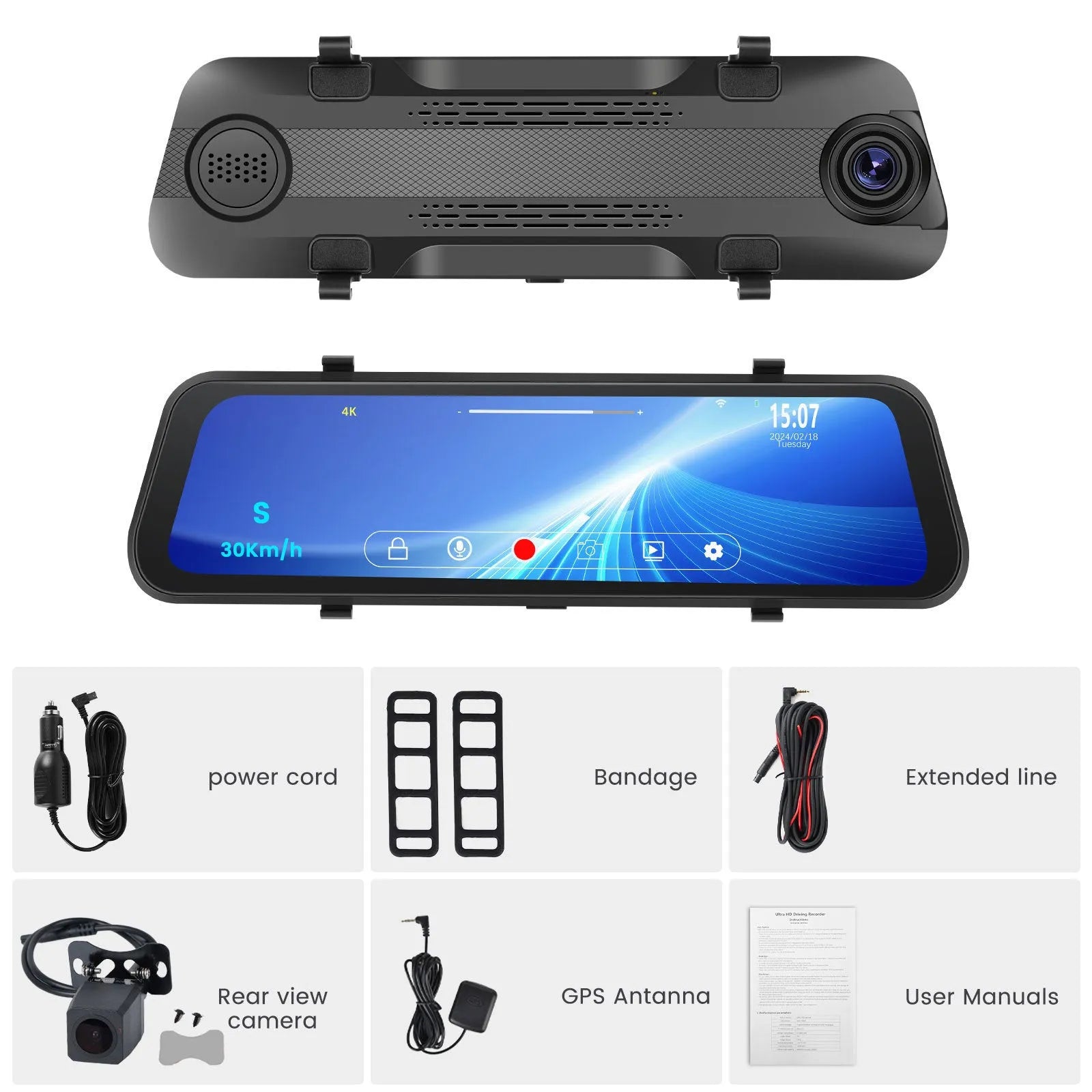 9.66 inch streaming media rearview mirror with touch screen and dual camera system for car.