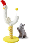 Yellow sisal vertical cat scratching post with chicken strip design and spring ball