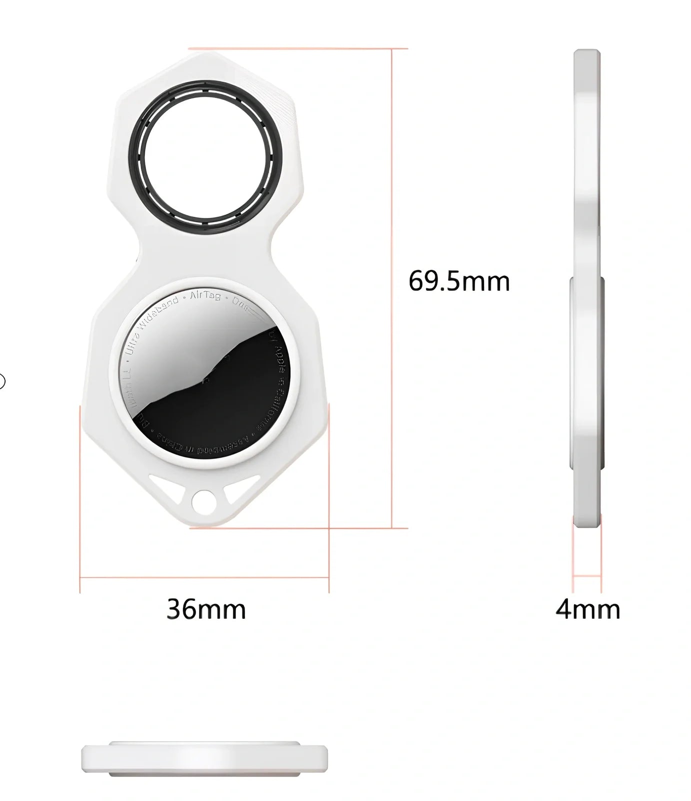 White zinc alloy Apple AirTag keychain case with protective cover and swivel keyring