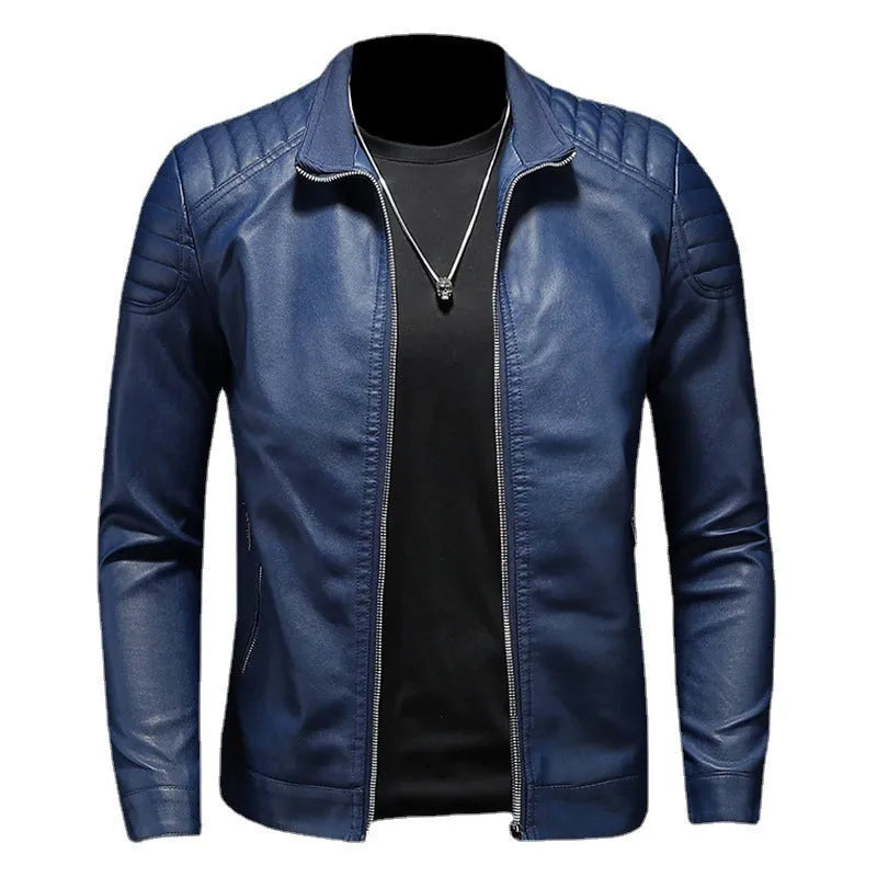 Men's black leather motorcycle jacket with stand collar and zipper front on display