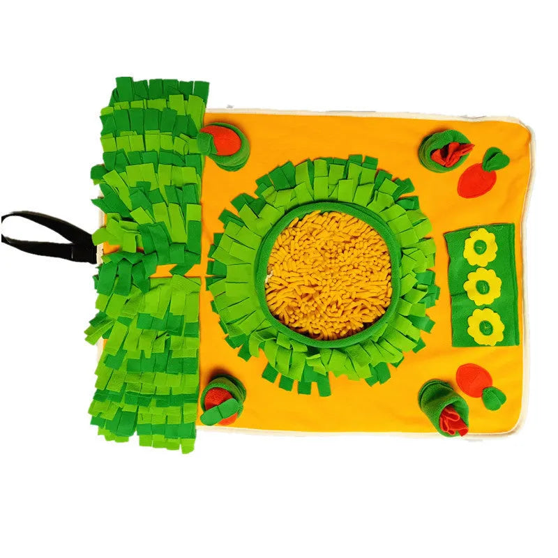 Fleece dog snuffle mat measuring 60 by 80 cm with a carrot pull toy on a cushion-style base for foraging activities