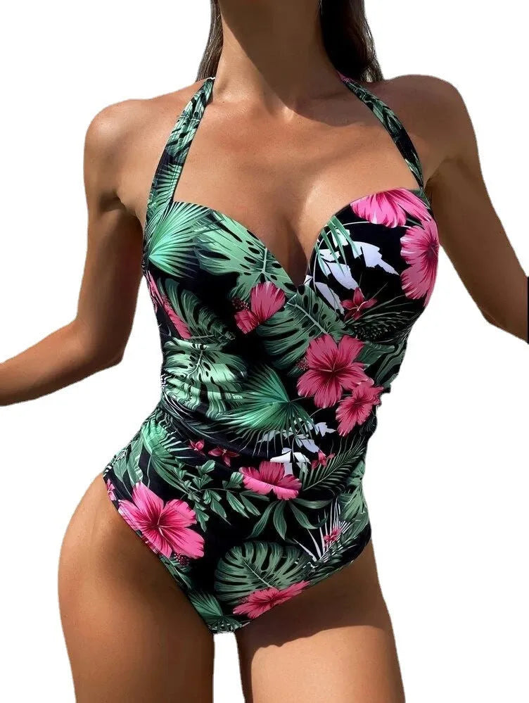 Women's printed halter neck one-piece swimsuit in conservative backless design