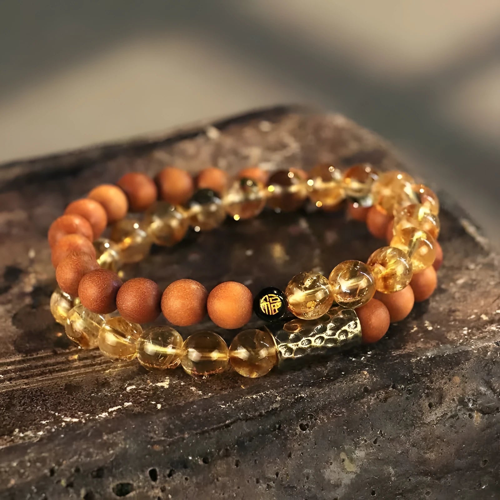 Yellow tower crystal double ring bracelet with manual craftsmanship and retro design