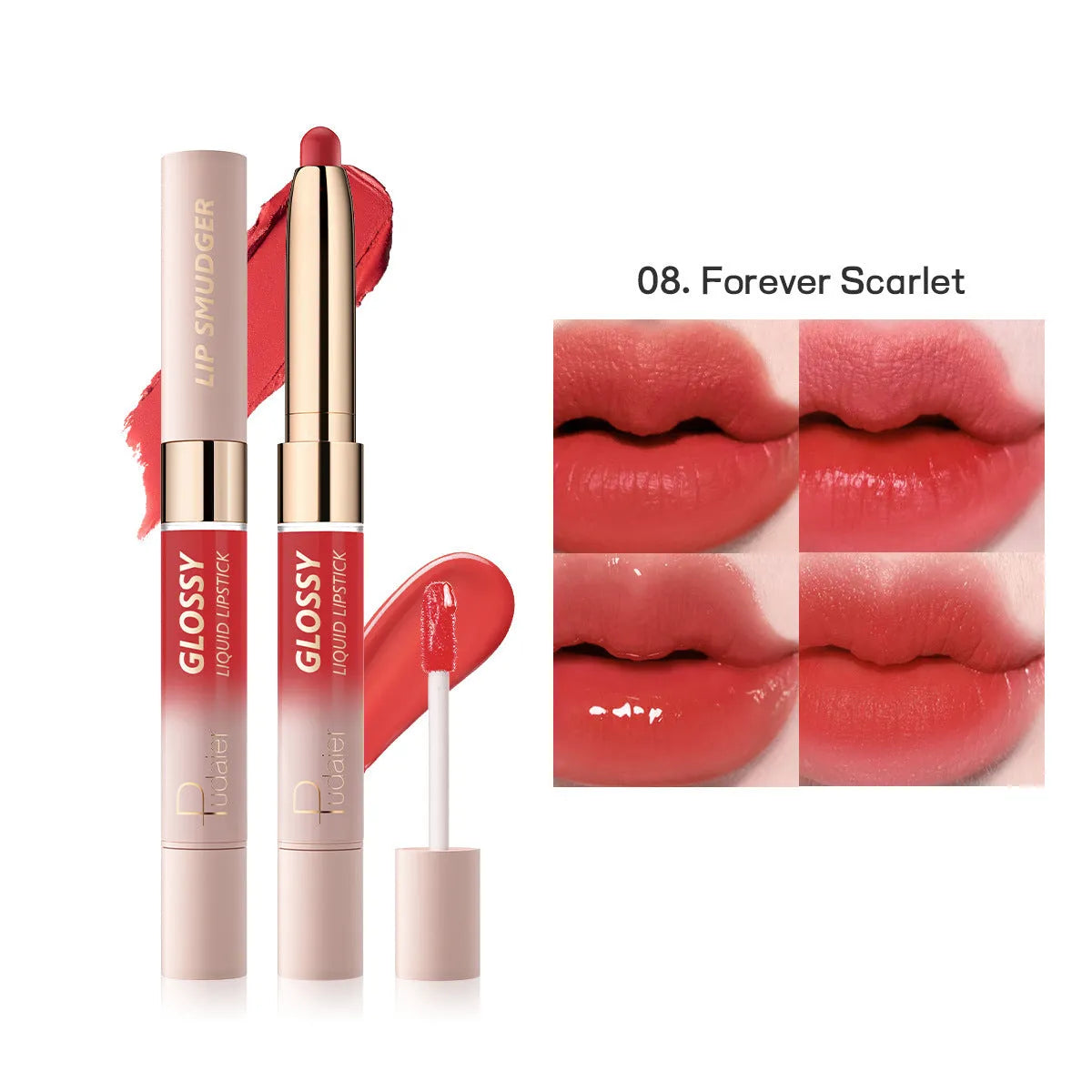 Double-ended lipstick and lip gloss set showing matte and glossy ends in one of ten available colour shades