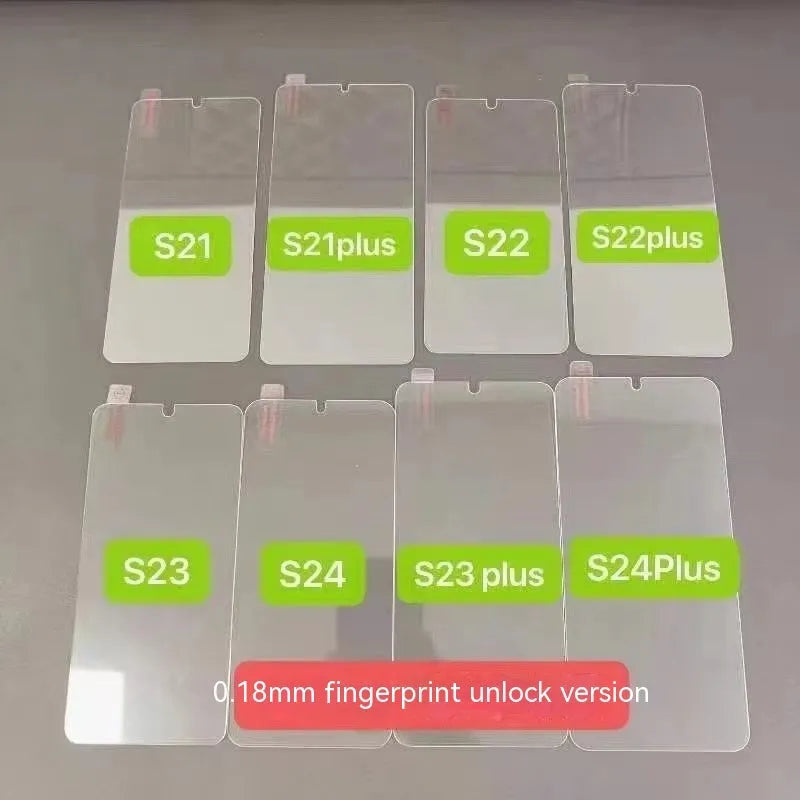HD tempered glass screen protector for Samsung mobile phones showing full screen coverage and anti-fingerprint surface
