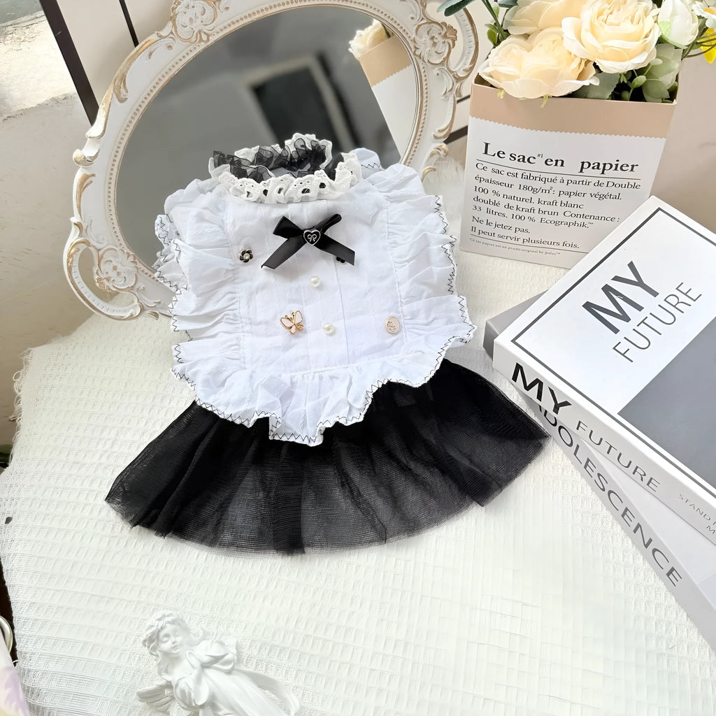 White polyester waltz gauze skirt dog clothing on a mannequin, showing princess style.
