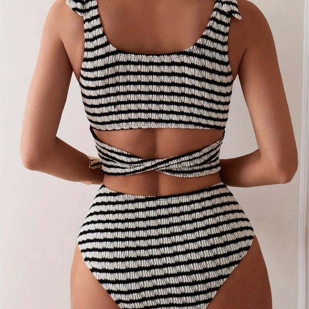 Women's gray striped tube top split swimsuit on mannequin, sleeveless brief style for swimming