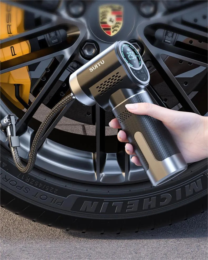 ST-5518 portable wireless air pump with LED light showing compact dimensions and included nozzle attachments
