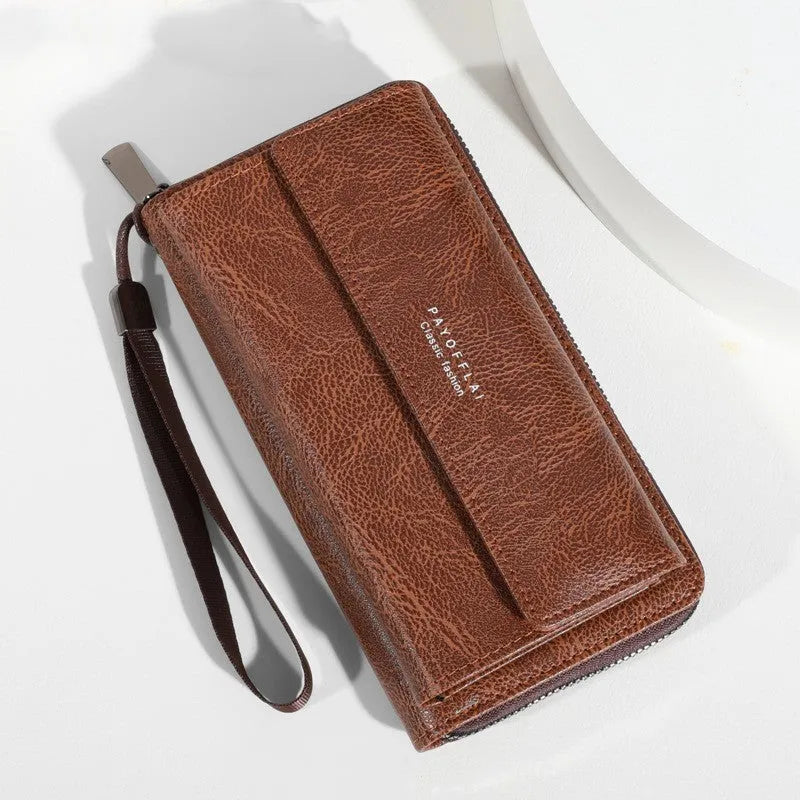 Men's black PU leather wallet with multiple card slots, shown next to a brown and coffee version, displaying slim 19cm profile.