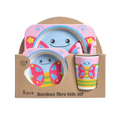 Five-piece bamboo fibre children's tableware set with vibrant animal-themed designs