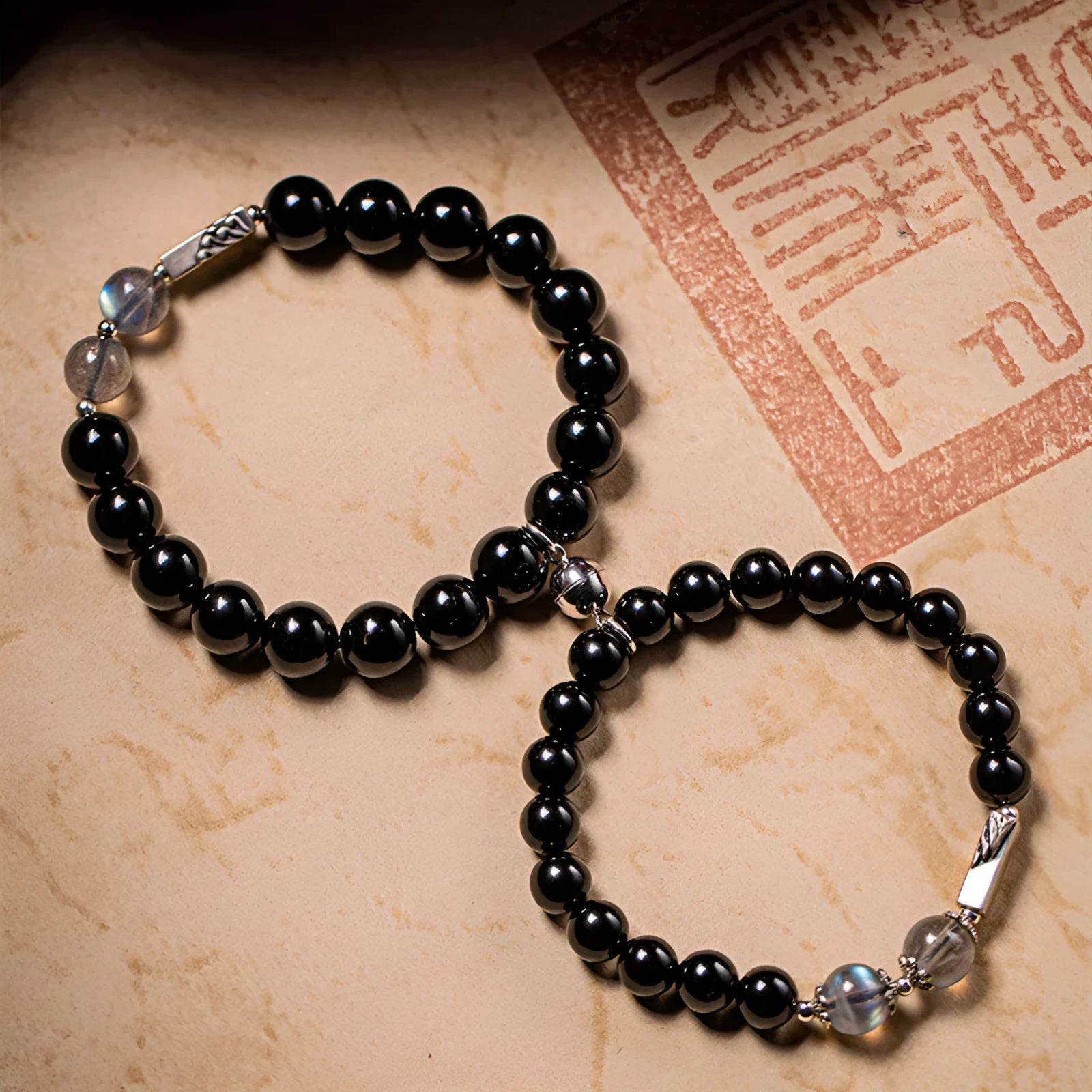 Obsidian Buddha beads couple bracelet DIY kit with 8mm and 10mm natural stone beads on string