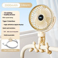 Beige portable octopus clip-on mini stroller fan with rotating head shown next to a USB cable