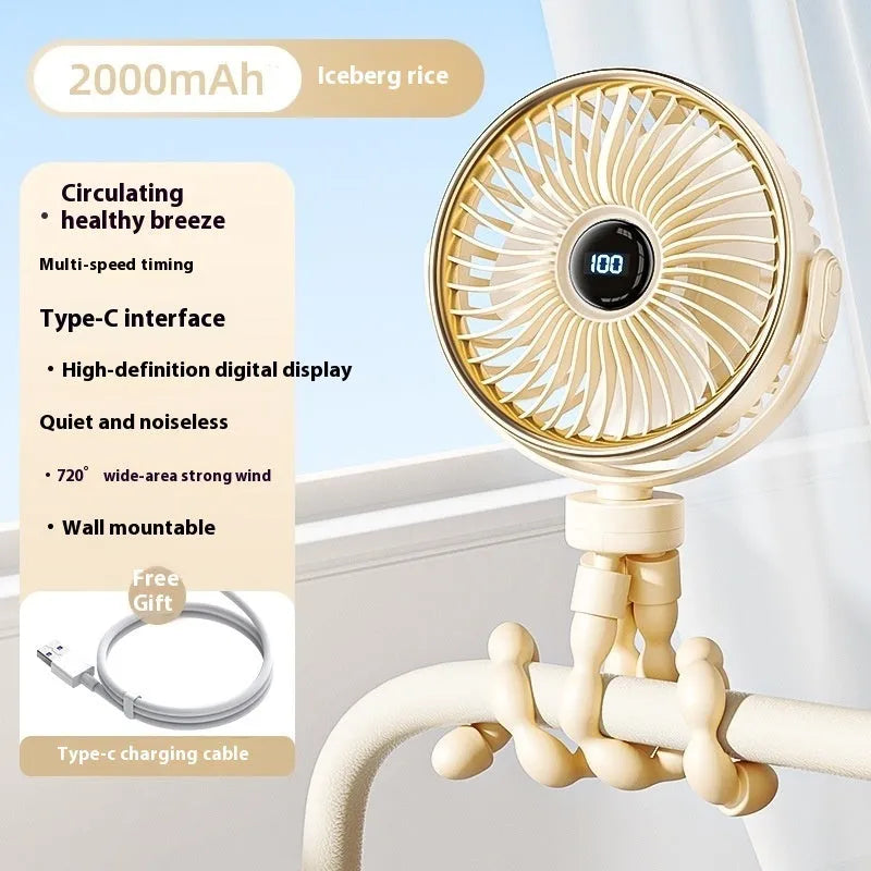 Beige portable octopus clip-on mini stroller fan with rotating head shown next to a USB cable