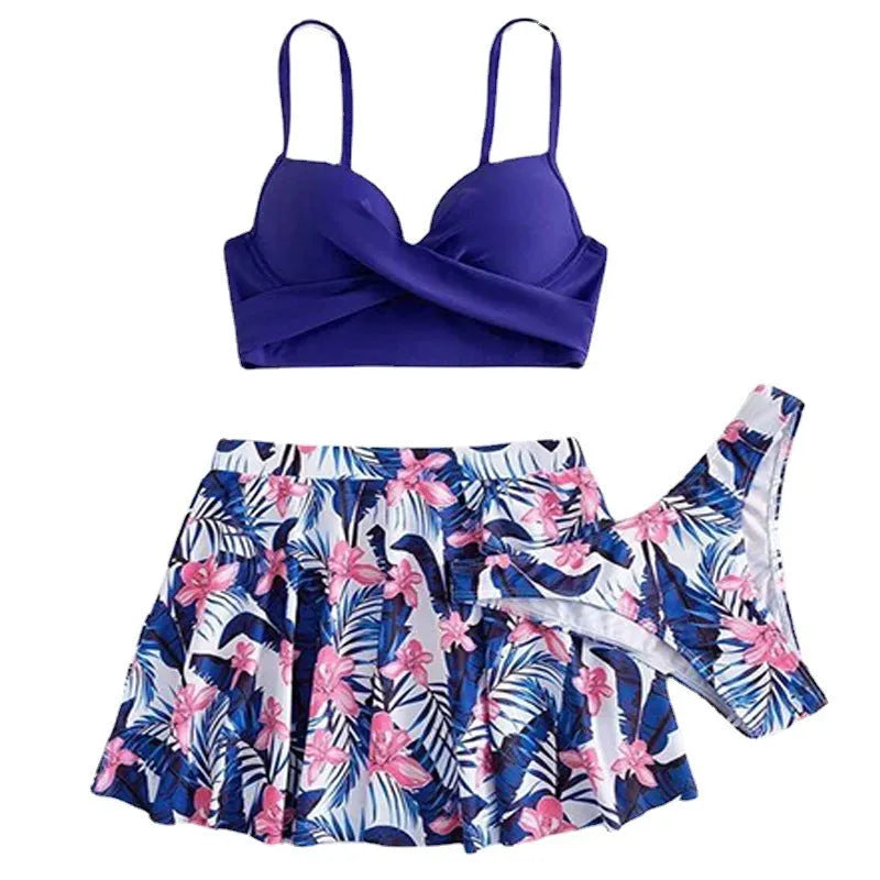 Women's high-waisted bikini swimsuit three-piece set in polyester fabric covering belly area