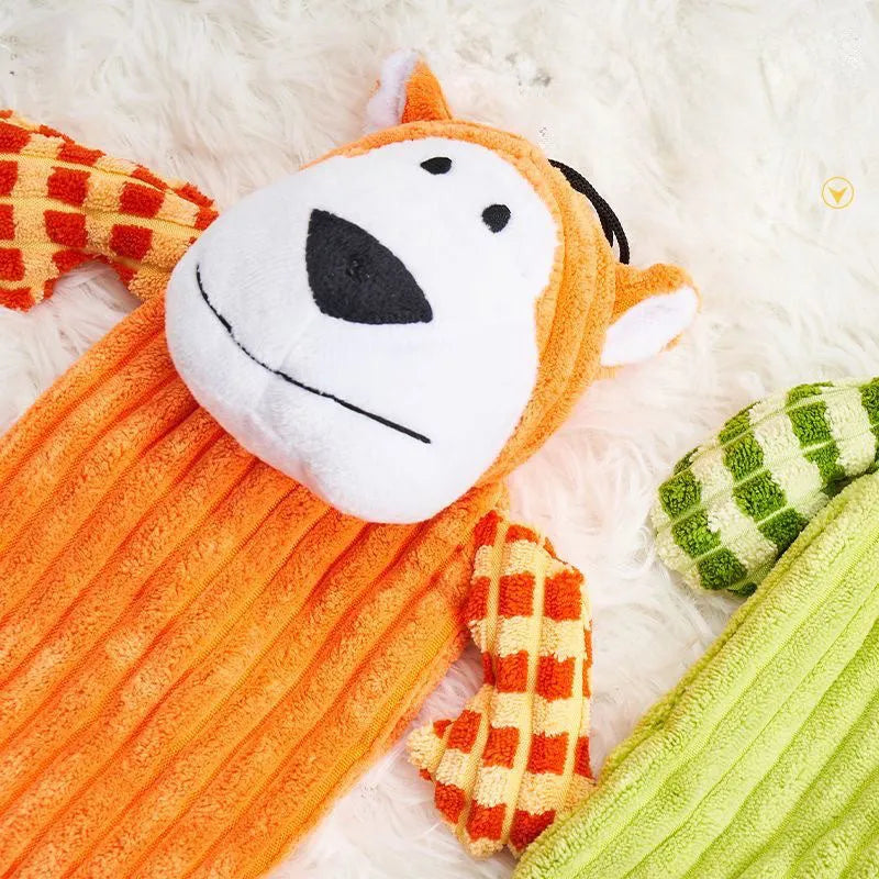 Green and orange immortal squeaker plush dog toy for aggressive chewers