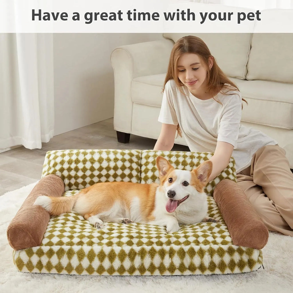 Checkered pattern pet sofa bed for a cat, showing removable cover and non-slip bottom.