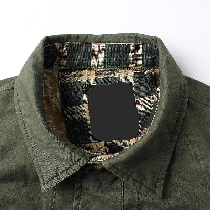 Fleece-lined men’s jacket in Korean slim fit, cotton with velvet lining, mid-length 65 cm, side pockets