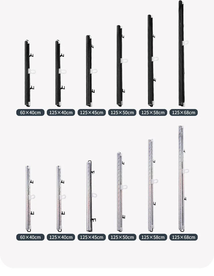 Punch-free window sun protection shutter in black dots and silver laser options, sizes from 40x60cm to 58x125cm