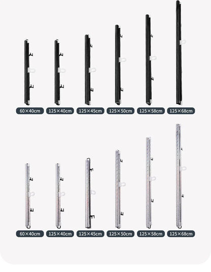 Punch-free window sun protection shutter in black dots and silver laser options, sizes from 40x60cm to 58x125cm