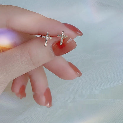 2024 stainless steel cross earrings with inlaid zircon for women