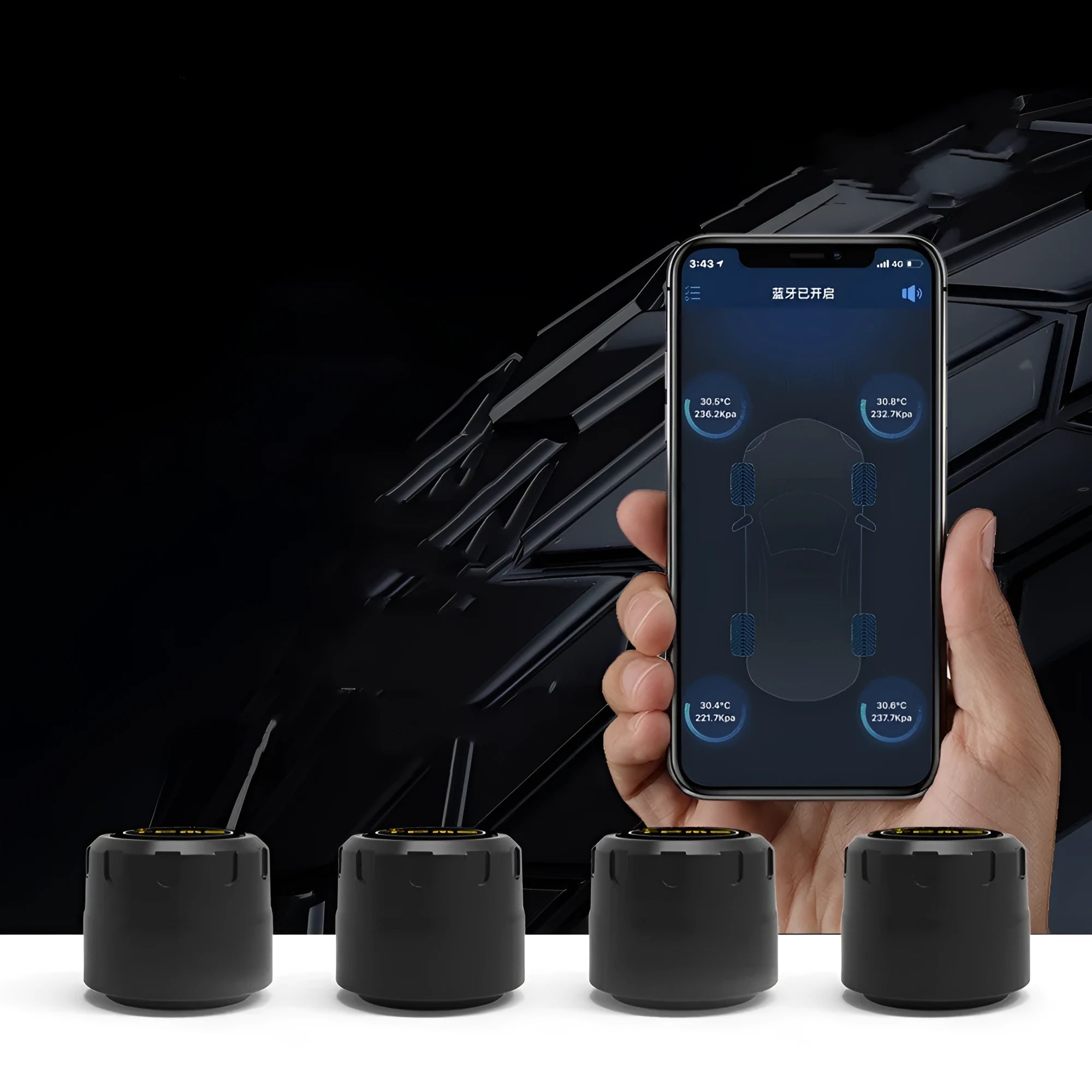 Black Bluetooth 5.0 automotive tyre pressure monitor with external sensors and installation tools