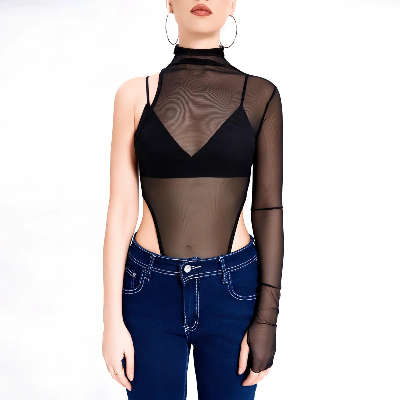 Black long-sleeved T-shirt jacket with net yarn side panels, zipper front, slim fit in size M, 70cm length