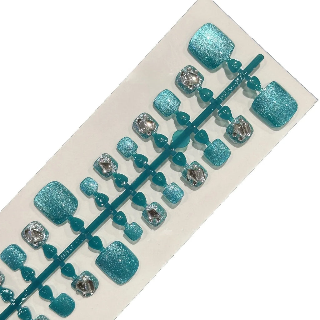 Blue diamond finish press-on toenail wear armour set 42 pieces cat eye style S M L sizes