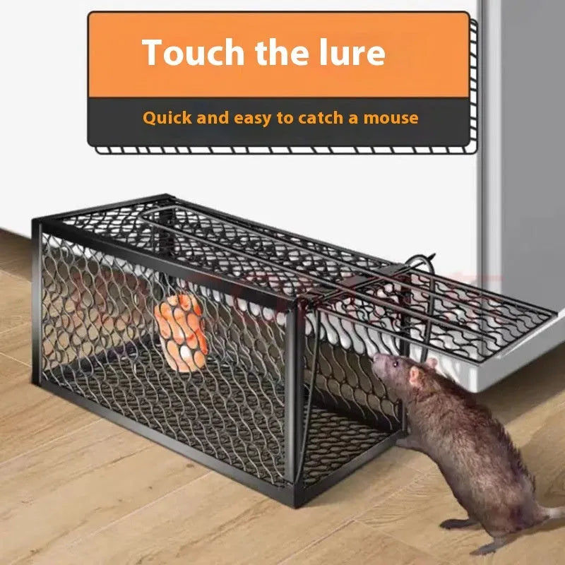 Automatic mouse trap cage in metal or plastic, shown in small, medium, and large size options.