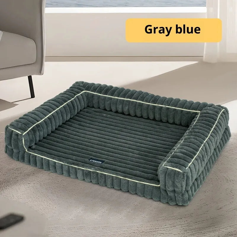 Kennel stripe dehaired angora removable pet bed with corduroy cushion in grey for dogs, 100x75cm size