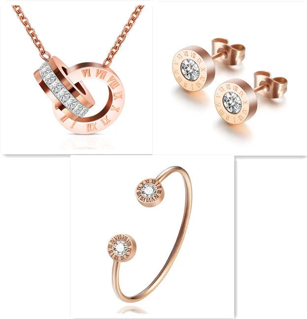 Roman Numerals and Diamond Stud Earrings in titanium steel with gold-plated finishes