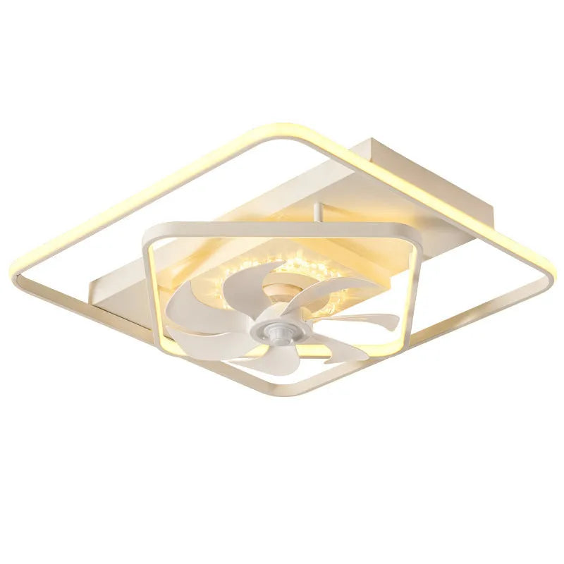White modern ceiling fan with integrated light and remote control for living room or bedroom